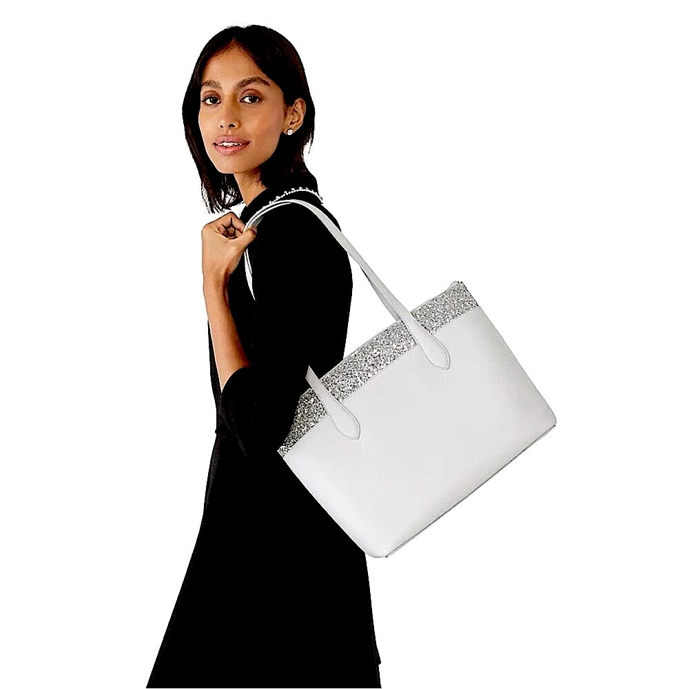 Kate Spade Flash Glitter Large Leather Satchel Tote Light Gray Silver Sparkle
